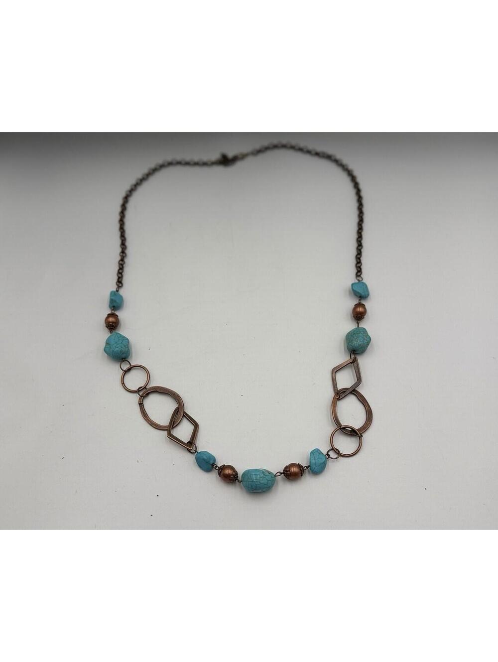 Faux Turquoise Bead Necklace, Copper Tone Chain, 36"